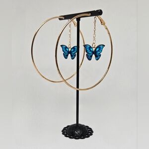 Gold Hoop Earrings with Blue Butterfly Charms – Boho Statement Jewelry